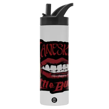 Maneskin lips, Μεταλλικό παγούρι θερμός με καλαμάκι & χειρολαβή, ανοξείδωτο ατσάλι (Stainless steel 304), διπλού τοιχώματος, 600ml