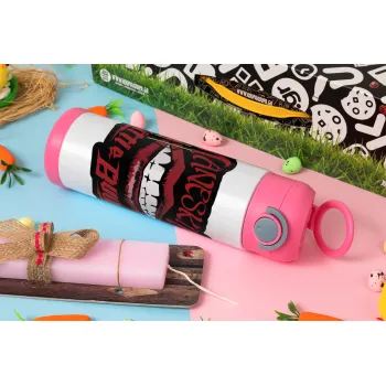 Maneskin lips, Easter candle, Childrens hot water bottle, stainless steel, with safety straw, PINK (500ml)
