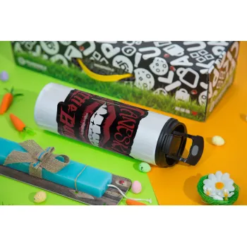 Maneskin lips, Easter candle,Travel Tumbler 2 Lids, with metal straw & cleaning brush & aromatic flat candle (30cm) (BLUE)