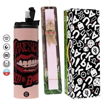Maneskin lips, Easter candle,Travel Tumbler 2 Lids, with metal straw & cleaning brush & aromatic flat candle (30cm) (PINK)