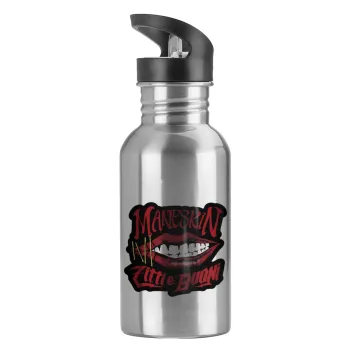 Maneskin lips, Water bottle Silver with straw, stainless steel 600ml