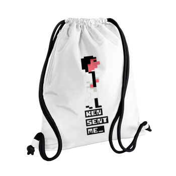 Ken sent me, Leisure Suit Larry, Τσάντα πλάτης πουγκί GYMBAG λευκή, με τσέπη (40x48cm) & χονδρά κορδόνια