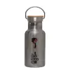 Stainless steel metallic thermos flask, silver with a bamboo lid, double-walled, 350ml.