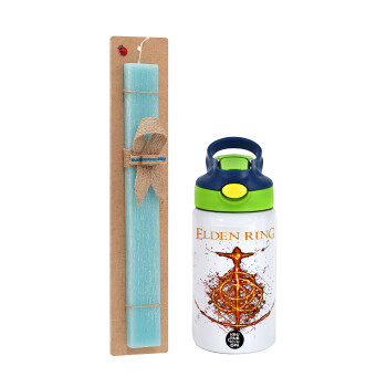 Elden Ring, Easter Set, Children's thermal stainless steel bottle with safety straw, green/blue (350ml) & aromatic flat Easter candle (30cm) (TURQUOISE)