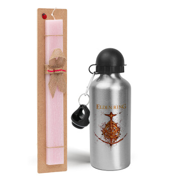 Elden Ring, Easter Set, metallic Silver aluminum water bottle (500ml) & scented flat Easter candle (30cm) (PINK)