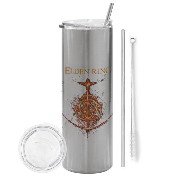 Elden Ring, Eco friendly stainless steel Silver tumbler 600ml, with metal straw & cleaning brush