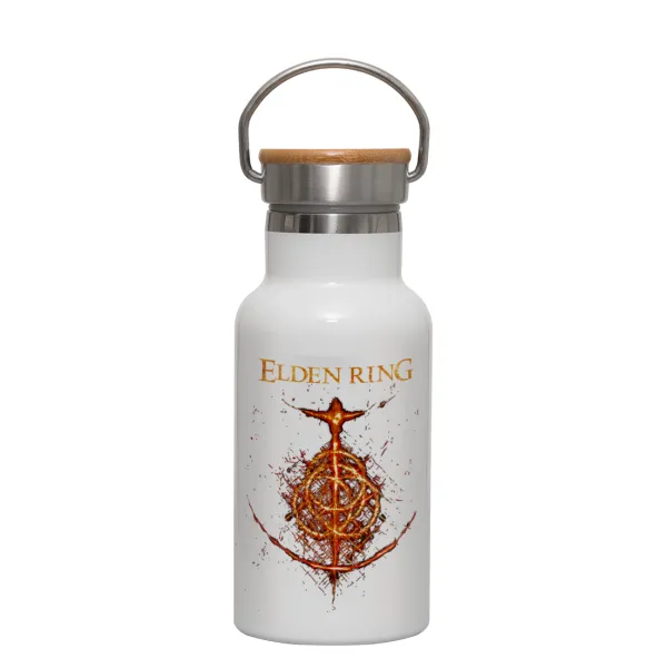 Elden Ring — Metallic thermos (Stainless steel) White with wooden lid (bamboo), double-walled, 350ml