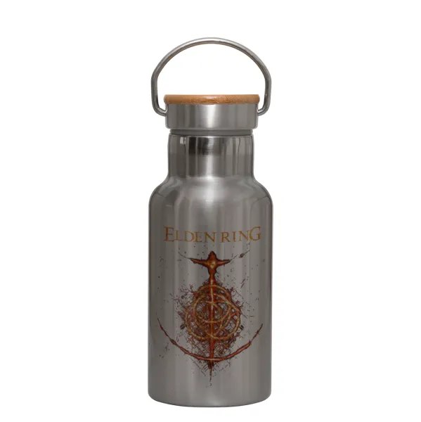 Elden Ring — Stainless steel metallic thermos flask, silver with a bamboo lid, double-walled, 350ml.