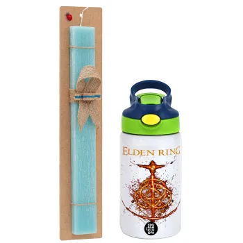 Elden Ring, Easter Set, Children's thermal stainless steel bottle with safety straw, green/blue (350ml) & aromatic flat Easter candle (30cm) (TURQUOISE)