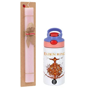 Elden Ring, Easter Set, Children's thermal stainless steel water bottle with safety straw, pink/purple (350ml) & Easter scented flat candle (30cm) (PINK)
