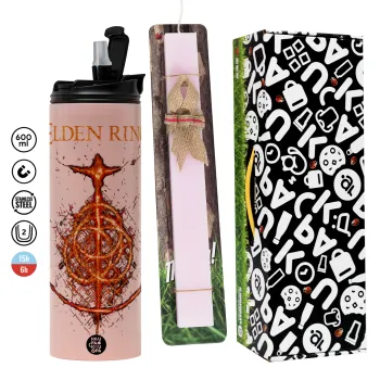Elden Ring, Easter candle,Travel Tumbler 2 Lids, with metal straw & cleaning brush & aromatic flat candle (30cm) (PINK)