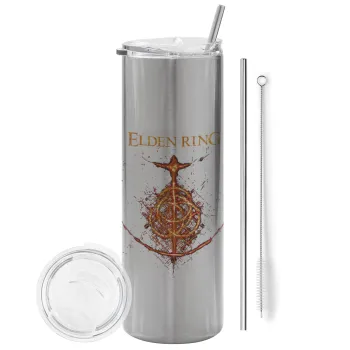 Elden Ring, Tumbler ποτήρι θερμό Ασημένιο από ανοξείδωτο ατσάλι 600ml, με μεταλλικό καλαμάκι & βούρτσα καθαρισμού