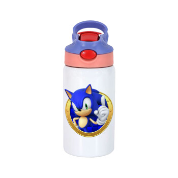 Sonic the hedgehog, Children's hot water bottle, stainless steel, with safety straw, pink/purple (350ml)