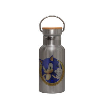 Sonic the hedgehog, Stainless steel metallic thermos flask, silver with a bamboo lid, double-walled, 350ml.