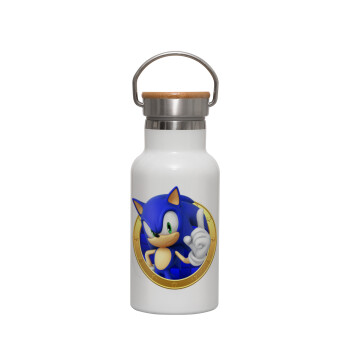Sonic the hedgehog, Μεταλλικό παγούρι θερμός (Stainless steel) Λευκό με ξύλινο καπακι (bamboo), διπλού τοιχώματος, 350ml