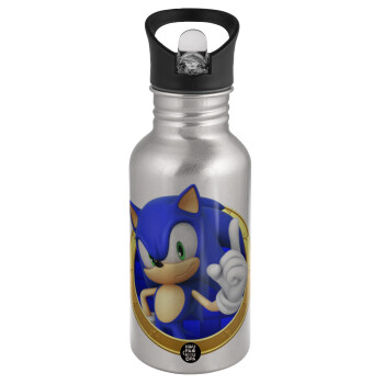 Sonic the hedgehog, Παγούρι νερού Ασημένιο με καλαμάκι, ανοξείδωτο ατσάλι 500ml