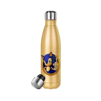 Sonic the hedgehog, Μεταλλικό παγούρι θερμός Glitter χρυσό (Stainless steel), διπλού τοιχώματος, 500ml