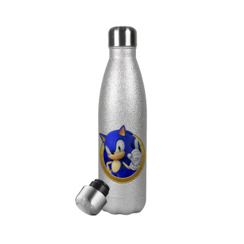 Sonic the hedgehog, Μεταλλικό παγούρι θερμός Glitter Aσημένιο (Stainless steel), διπλού τοιχώματος, 500ml