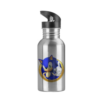 Sonic the hedgehog, Water bottle Silver with straw, stainless steel 600ml
