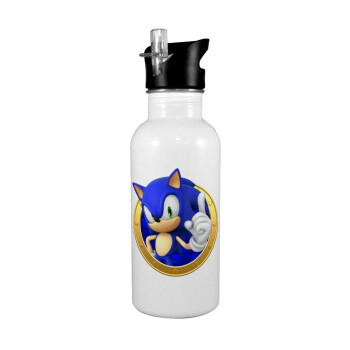 Sonic the hedgehog, Παγούρι νερού Λευκό με καλαμάκι, ανοξείδωτο ατσάλι 600ml
