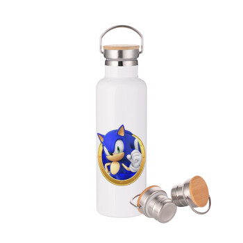 Sonic the hedgehog, Μεταλλικό παγούρι θερμός (Stainless steel) Λευκό με ξύλινο καπακι (bamboo), διπλού τοιχώματος, 750ml