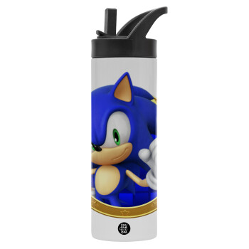 Sonic the hedgehog, Μεταλλικό παγούρι θερμός με καλαμάκι & χειρολαβή, ανοξείδωτο ατσάλι (Stainless steel 304), διπλού τοιχώματος, 600ml