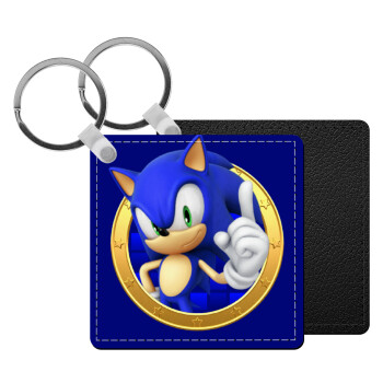 Sonic the hedgehog, Μπρελόκ Δερματίνη, τετράγωνο ΜΑΥΡΟ (5x5cm)