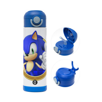 Sonic the hedgehog, Children's hot water bottle, stainless steel, with safety straw, BLUE (500ml)