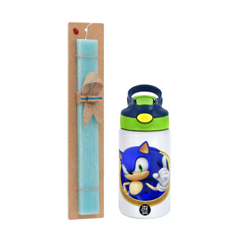 Sonic the hedgehog, Easter Set, Children's thermal stainless steel bottle with safety straw, green/blue (350ml) & aromatic flat Easter candle (30cm) (TURQUOISE)