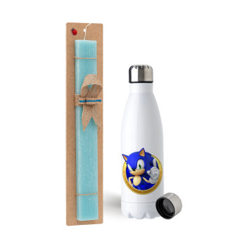 Sonic the hedgehog, Easter Set, metallic stainless steel water bottle (750ml) & aromatic flat Easter candle (30cm) (TURQUOISE)