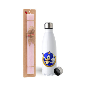Sonic the hedgehog, Easter Set, metallic stainless steel water bottle (750ml) & scented flat Easter candle (30cm) (PINK)