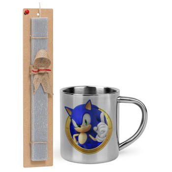 Sonic the hedgehog, Πασχαλινό Σετ, μεταλλική κούπα θερμό (300ml) & πασχαλινή λαμπάδα αρωματική πλακέ (30cm) (ΓΚΡΙ)