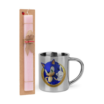Sonic the hedgehog, Πασχαλινό Σετ, μεταλλική κούπα θερμό (300ml) & πασχαλινή λαμπάδα αρωματική πλακέ (30cm) (ΡΟΖ)
