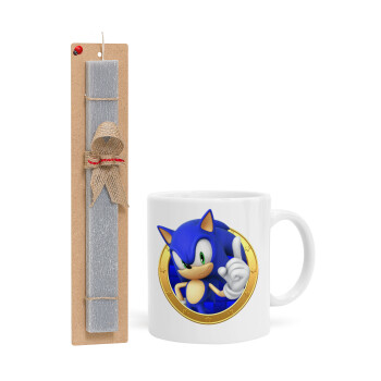 Sonic the hedgehog, Πασχαλινή Λαμπάδα με Κούπα κεραμική (330ml) & κερί αρωματικό πλακέ (30cm) (ΓΚΡΙ)