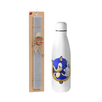 Sonic the hedgehog, Πασχαλινό Σετ, μεταλλικό παγούρι θερμός ανοξείδωτο (500ml) & πασχαλινή λαμπάδα αρωματική πλακέ (30cm) (ΓΚΡΙ)