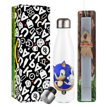 Sonic the hedgehog, Easter candle, metallic white thermos bottle (500ml) & aromatic flat candle (30cm) (GRAY)