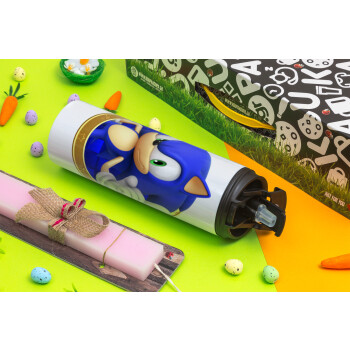 Sonic the hedgehog, Easter candle,Travel Tumbler 2 Lids, with metal straw & cleaning brush & aromatic flat candle (30cm) (PINK)