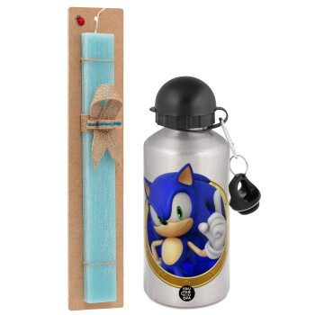 Sonic the hedgehog, Easter Set, metallic silver aluminum water bottle (500ml) & scented flat Easter candle (30cm) (TURQUOISE)