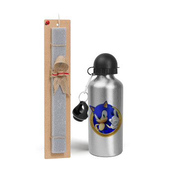 Sonic the hedgehog, Easter Set, metallic silver aluminum water bottle (500ml) & aromatic flat Easter candle (30cm) (GRAY)