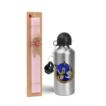 Sonic the hedgehog, Easter Set, metallic Silver aluminum water bottle (500ml) & scented flat Easter candle (30cm) (PINK)