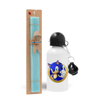 Sonic the hedgehog, Easter Set, metallic aluminum water bottle (500ml) & scented flat candle (30cm) (TURQUOISE)