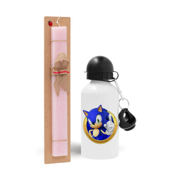 Sonic the hedgehog, Πασχαλινό Σετ, παγούρι μεταλλικό αλουμινίου (500ml) & πασχαλινή λαμπάδα αρωματική πλακέ (30cm) (ΡΟΖ)