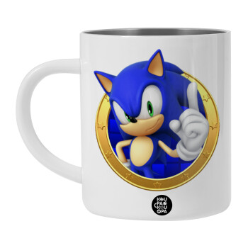 Sonic the hedgehog, Λευκή Ανοξείδωτη Μεταλλική Κούπα 450ml - Διπλού Τοιχώματος 