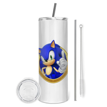 Sonic the hedgehog, Eco friendly ποτήρι θερμό (tumbler) από ανοξείδωτο ατσάλι 600ml, με μεταλλικό καλαμάκι & βούρτσα καθαρισμού