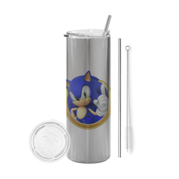 Sonic the hedgehog, Eco friendly stainless steel Silver tumbler 600ml, with metal straw & cleaning brush