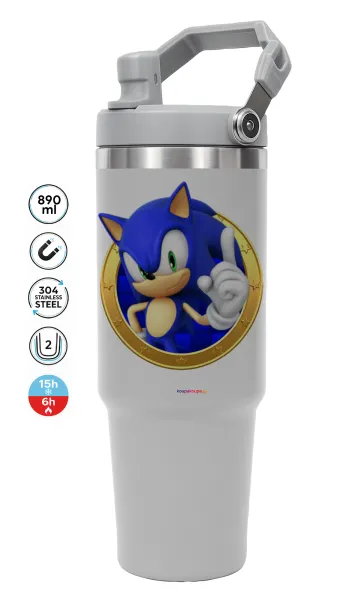 Sonic the hedgehog — ΓΚΡΙ Travel Tumbler Θερμός με χερούλι και καλαμάκι 890ml
