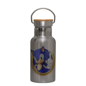 Sonic the hedgehog, Μεταλλικό παγούρι θερμός (Stainless steel) Ασημένιο με ξύλινο καπακι (bamboo), διπλού τοιχώματος, 350ml