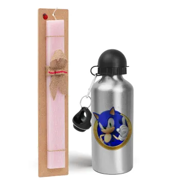 Sonic the hedgehog, Easter Set, metallic Silver aluminum water bottle (500ml) & scented flat Easter candle (30cm) (PINK)