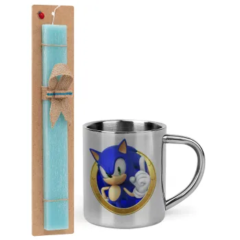 Sonic the hedgehog, Easter Set, metallic thermal cup (300ml) & aromatic flat Easter candle (30cm) (TURQUOISE)