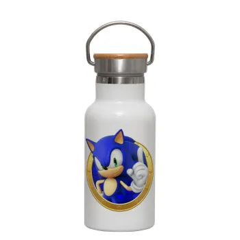 Sonic the hedgehog, Μεταλλικό παγούρι θερμός (Stainless steel) Λευκό με ξύλινο καπακι (bamboo), διπλού τοιχώματος, 350ml